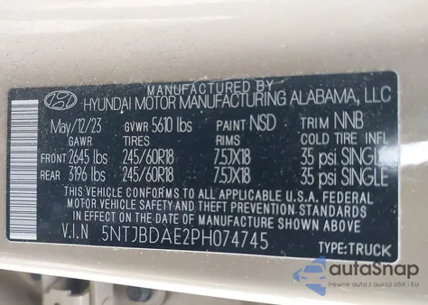 2023 Hyundai Santa Cruz Sel z USA, uszkodzony, nr VIN 5NTJBDAE2PH074745